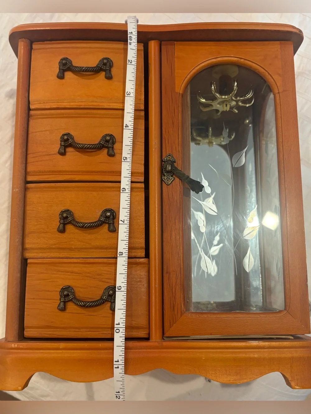 Vintage Wooden Jewelry Box with Glass Door with Four Boxes
